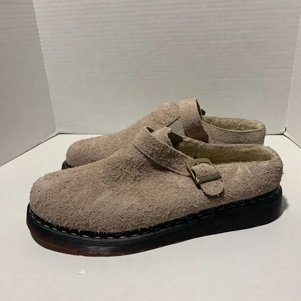 Dr Martens Isham Men's Sz 13 Taupe Long Napped Suede Buckle Fur Lined Clog